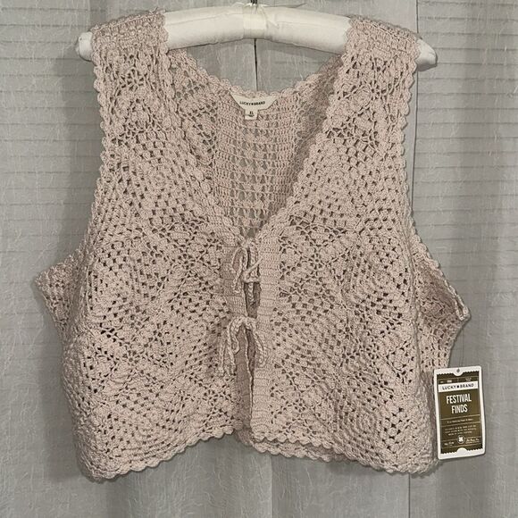 Lucky Brand XL Blush Pink Square Crochet Front Tie Cropped Festival Vest - Picture 9 of 15